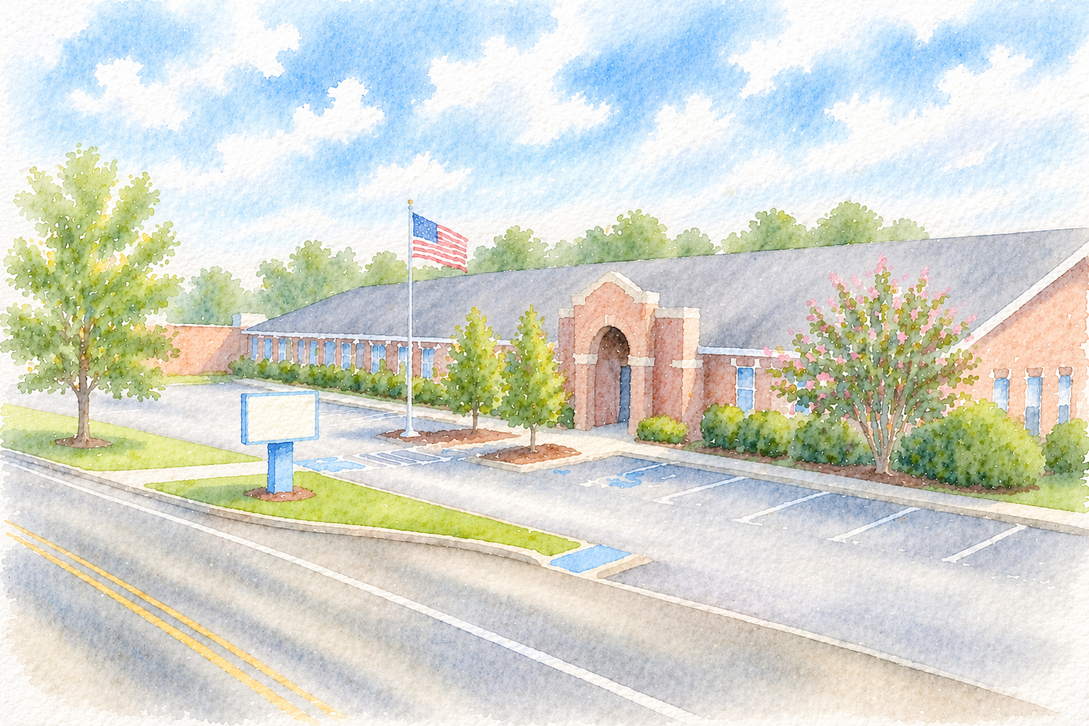 watercolor drawing of the front of the school. brick building with american flag.