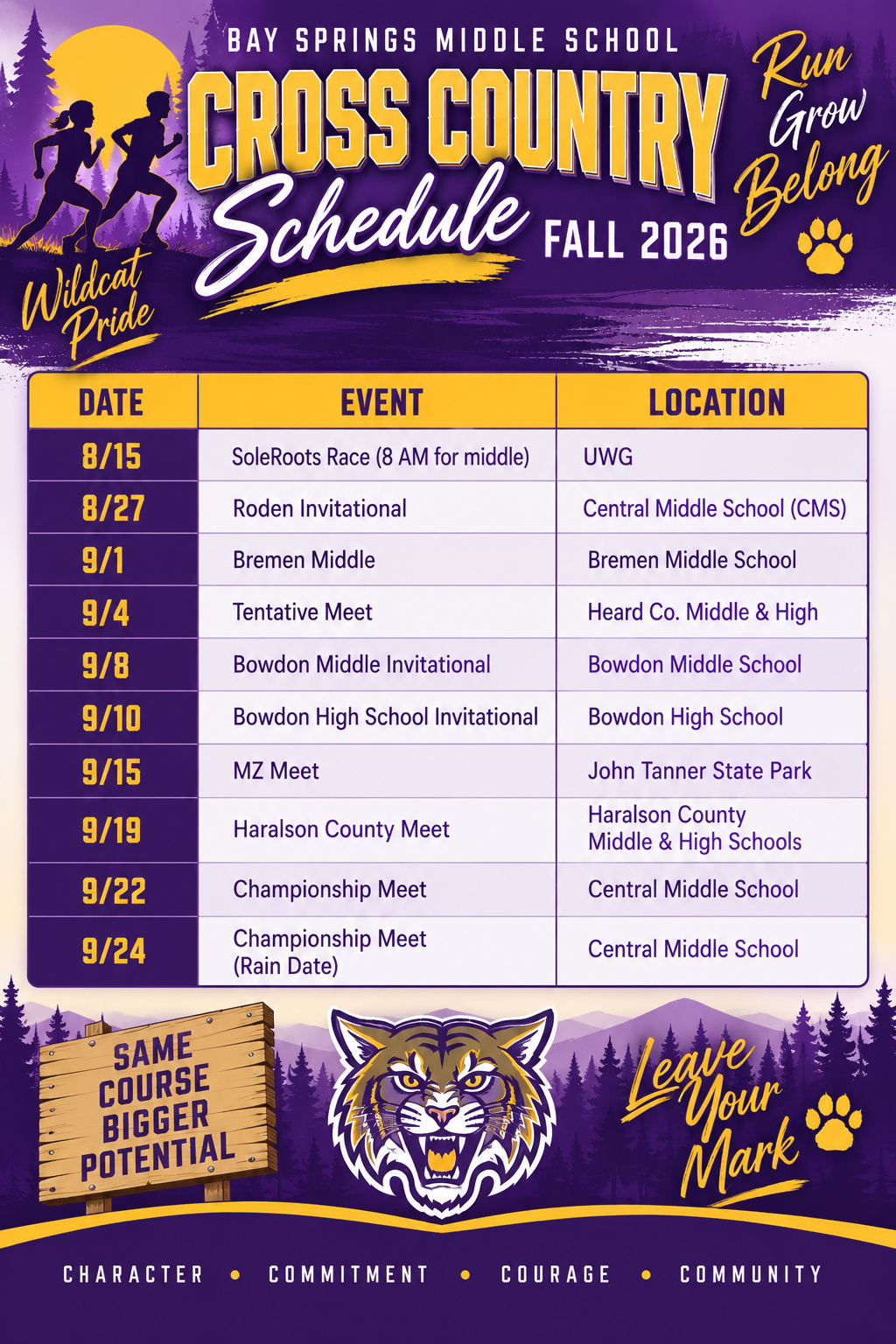Cross Country Schedule 2026 