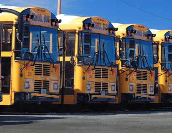 school busses parked and lined up