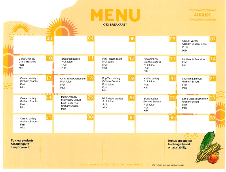 K-12 August Breakfast Menu
