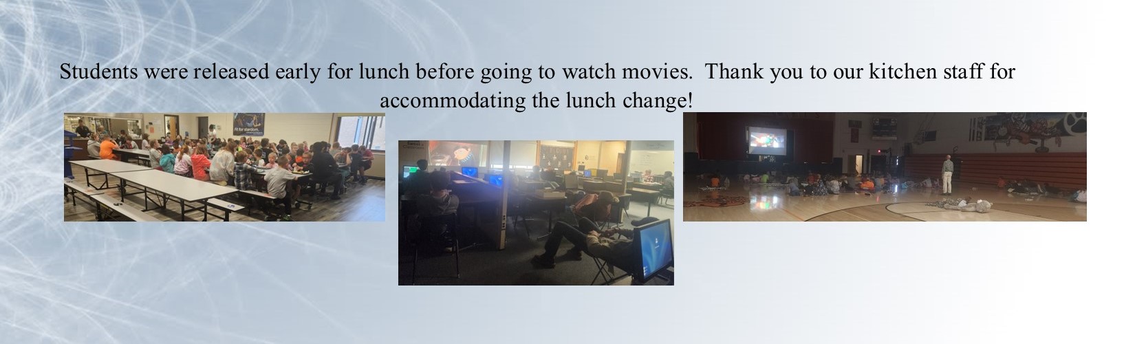 Images of students at lunch and watching movies