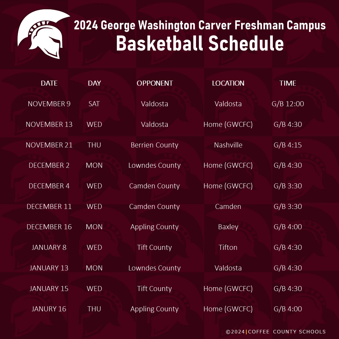 2024-2025 George Washington Carver Freshman Campus Basketball Schedule