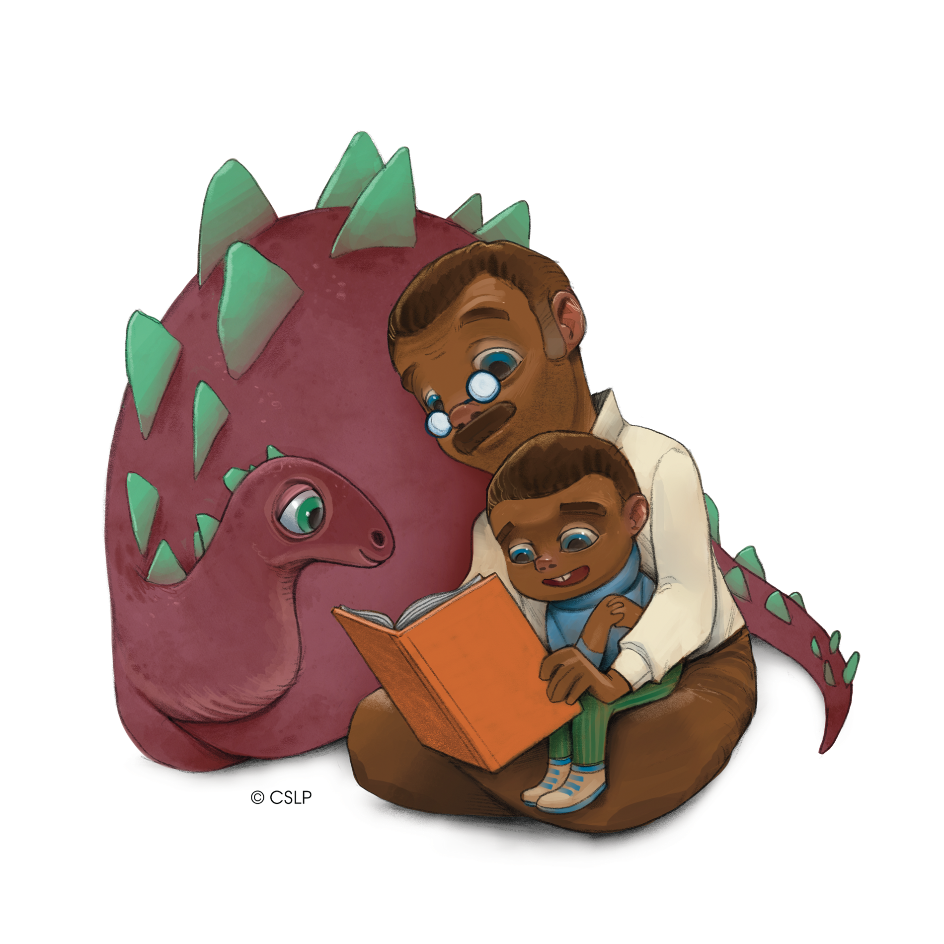 dad reading to child in his lap; both surrounded by dinosaur lying curled around them also listening to the story attentively