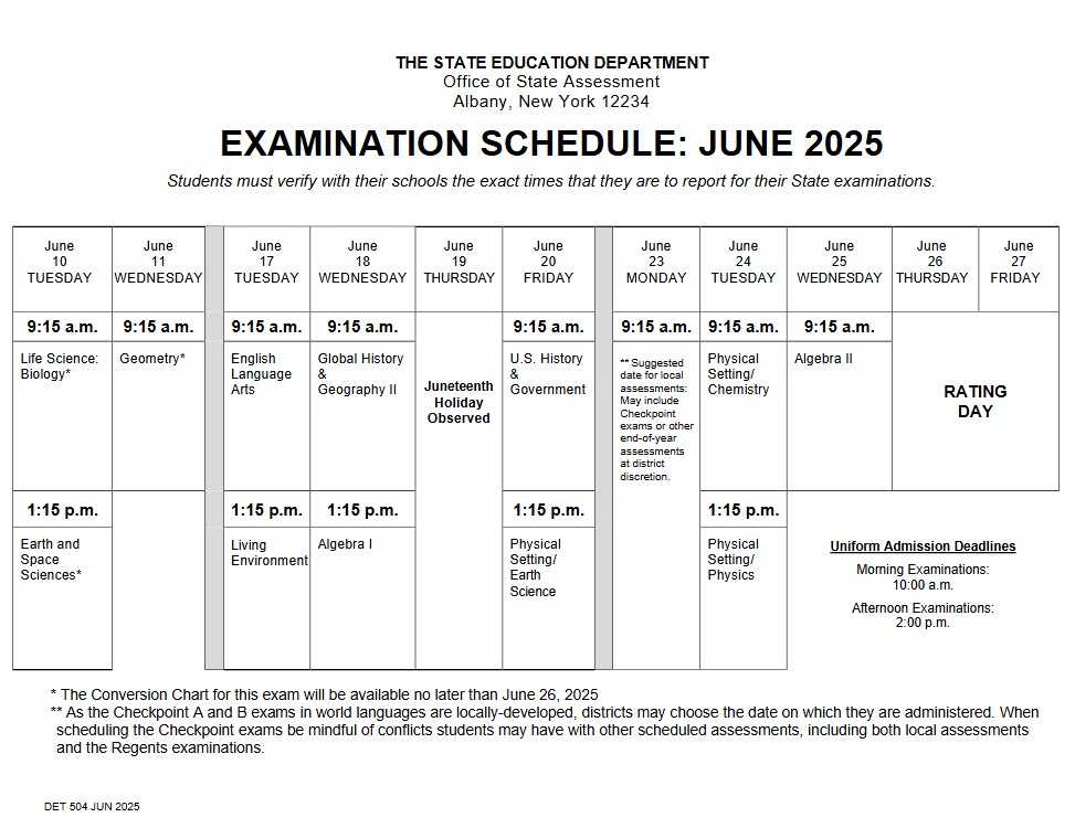 NYS Regents Schedule June 2025