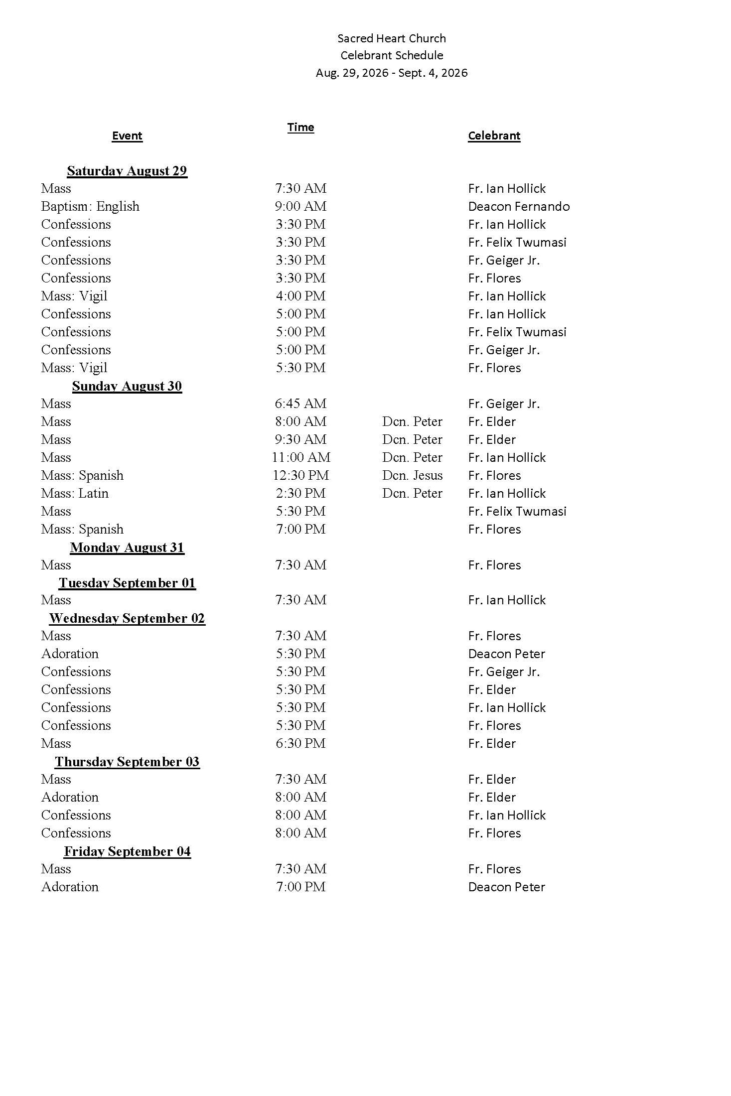 celebrant schedule