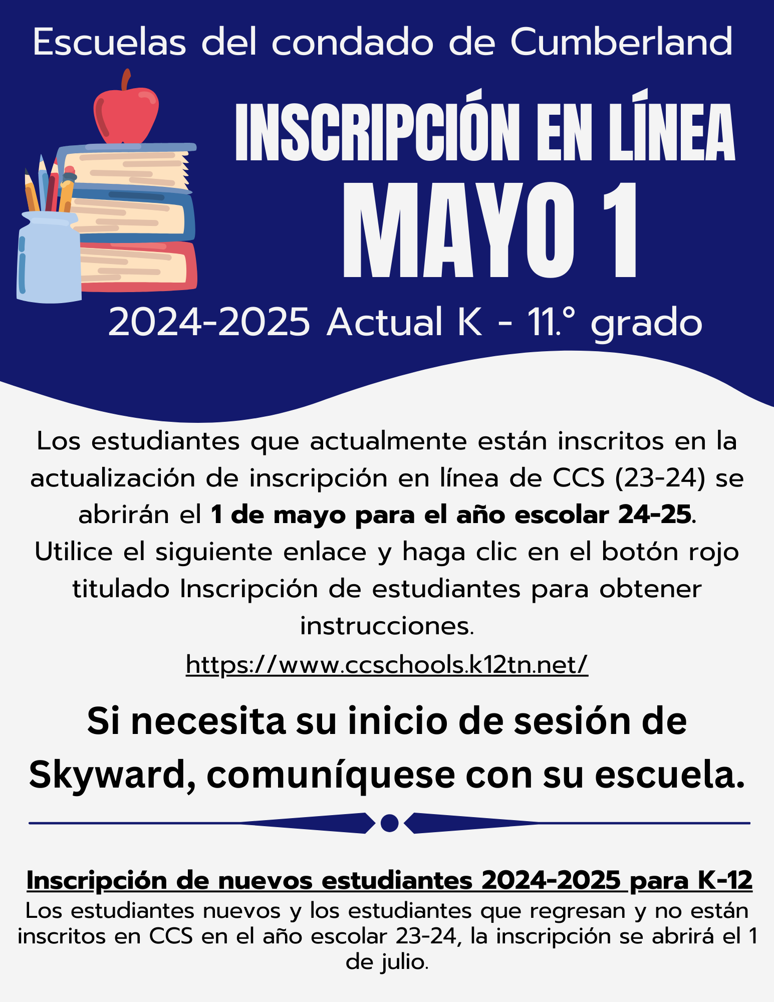 Escuelas del condado de Cumberland  inscripcion en linea  Mayo 1  2024-2025  Actual K - 11 grado