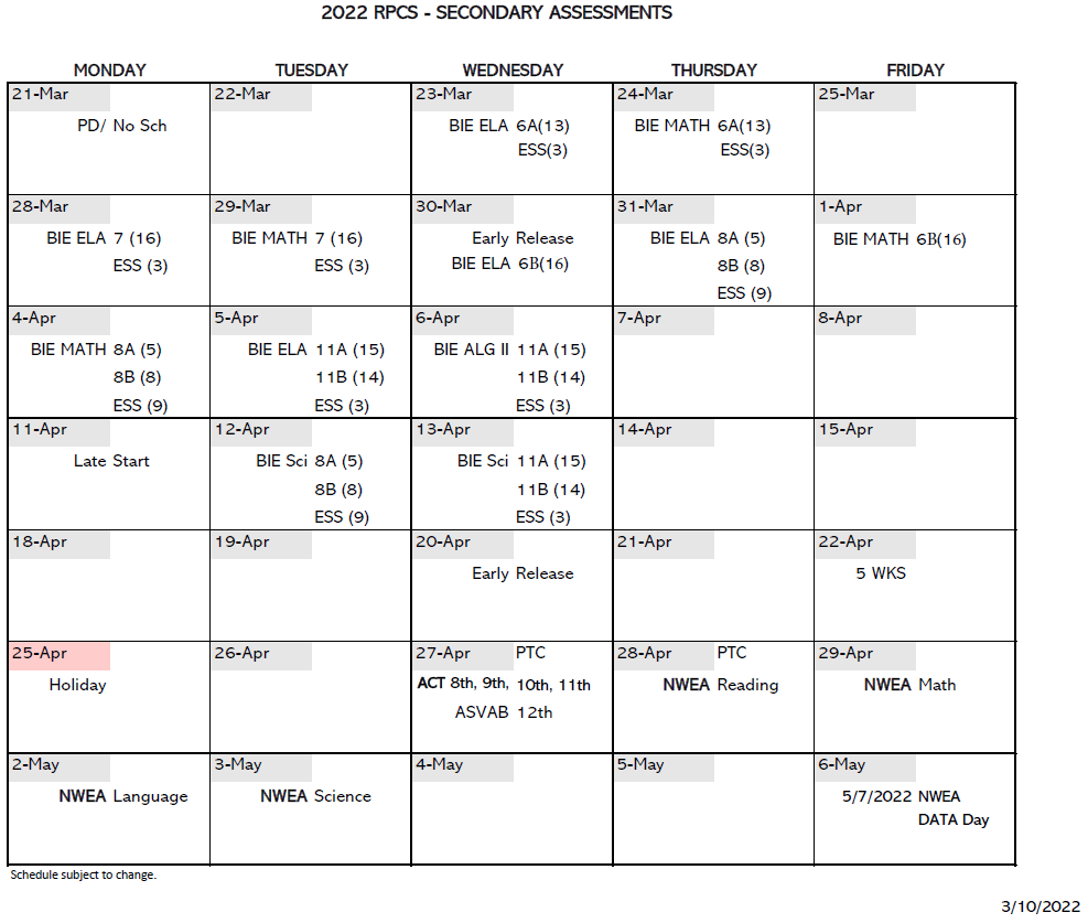 Secondary Assessment Schedule