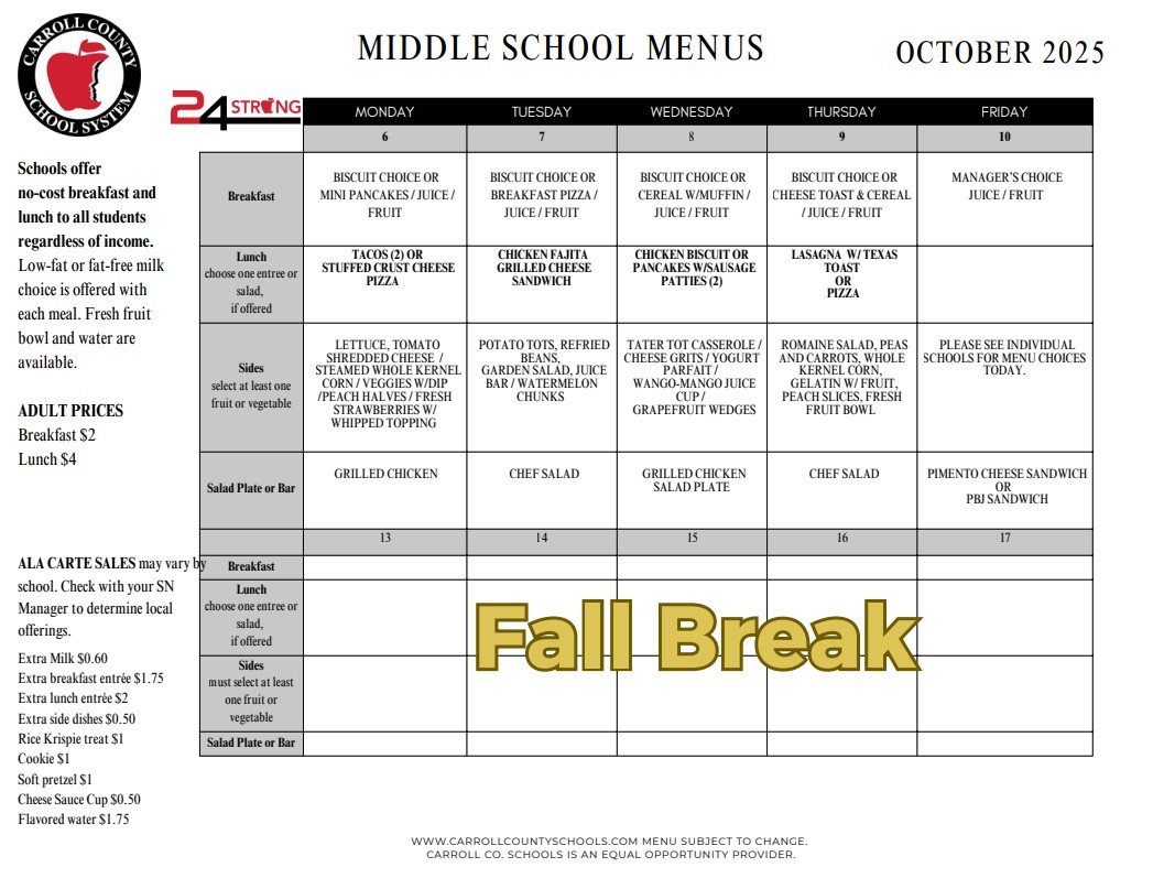 October Lunch Menu