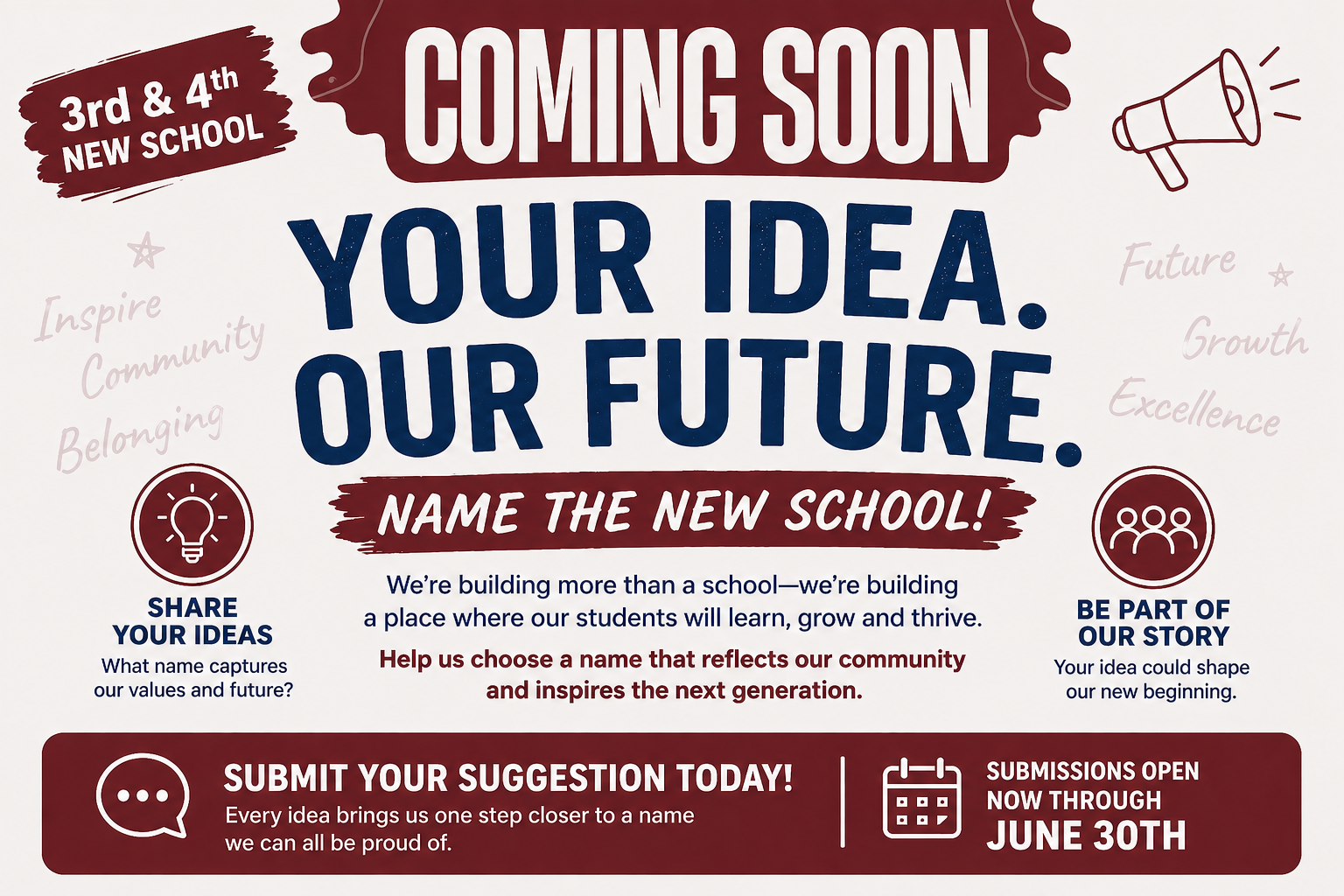 Click the link to drop your idea of a name for the upcoming school that is replacing Washington Grade Center. 