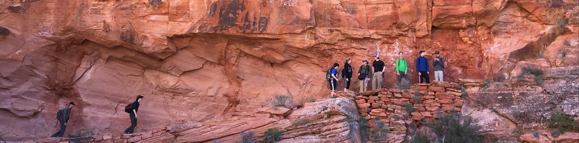 A group of students stand agains a reddish rock wall.