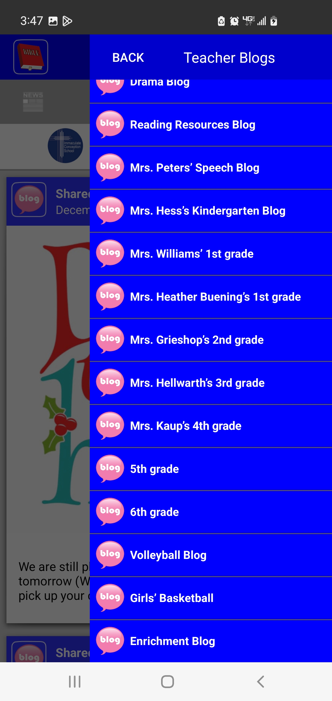 screen shot of teacher blog menu
