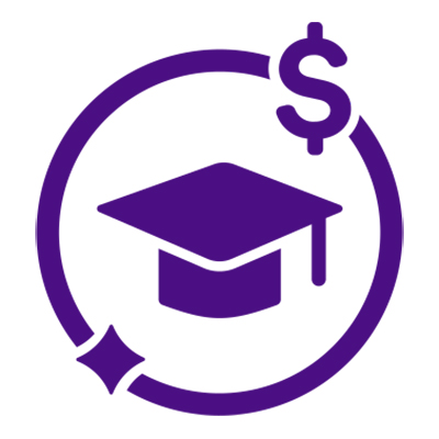 icon representing college aid with grad cap encircled with a dollar sign