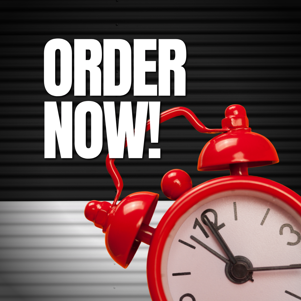 The words "Order Now!" with a red clock against a black background