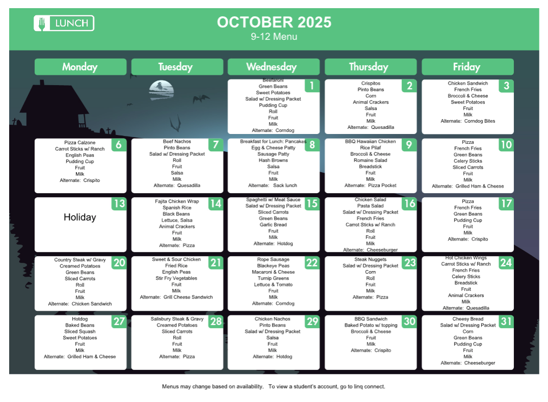 October 9-12 Menu