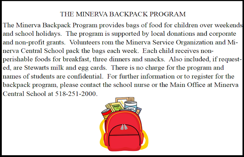 Minerva Back Pack Food Program - Call the main office at 518 251 2000 for more information