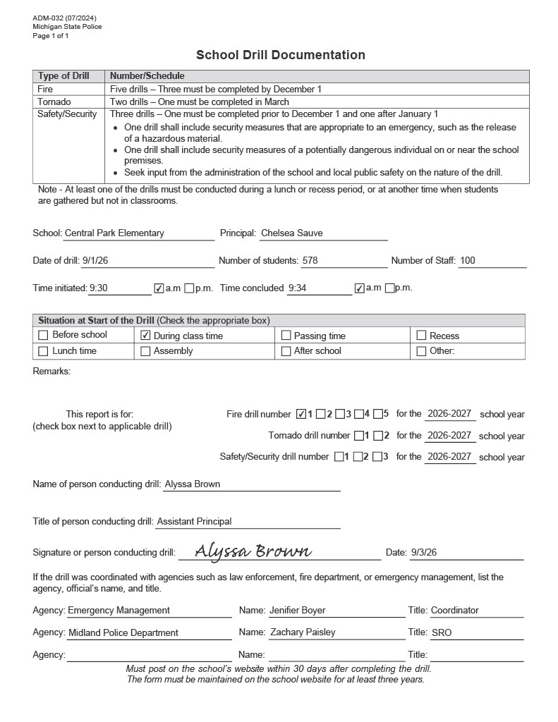 Central Park Elementary fire drill form 2026-2027