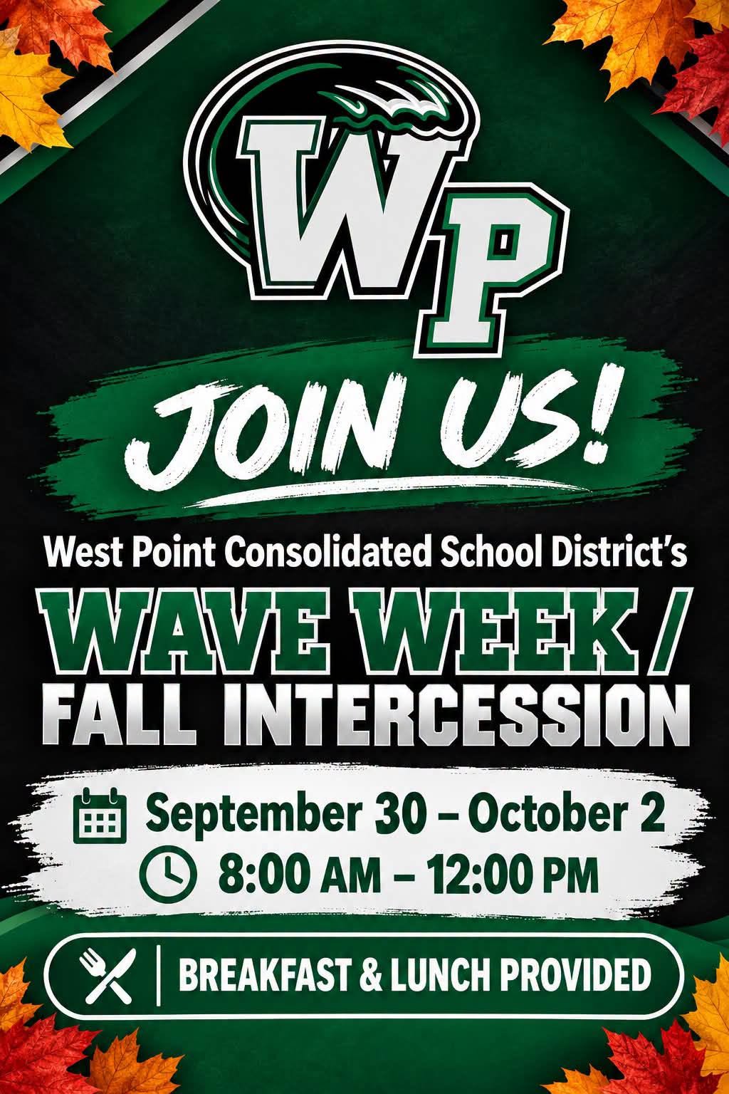WPCSD WAVE Week Fall Intersession flyer announcing September 30 through October 2 from 8:00 a.m. to 12:00 p.m., with breakfast and lunch provided.