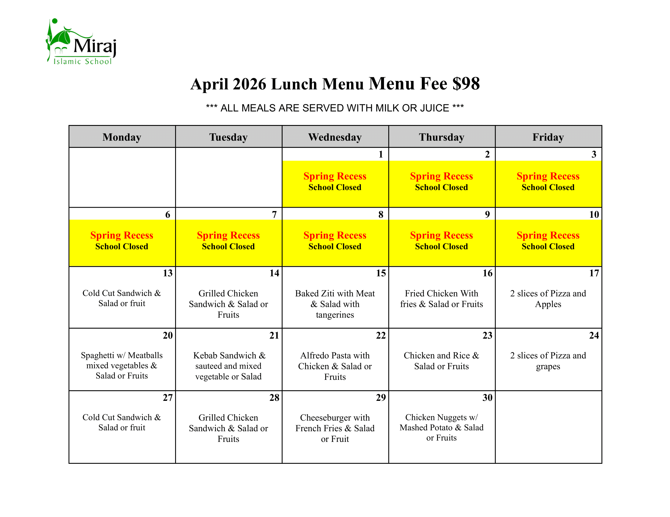 April Lunch Menu April Lunch Menu