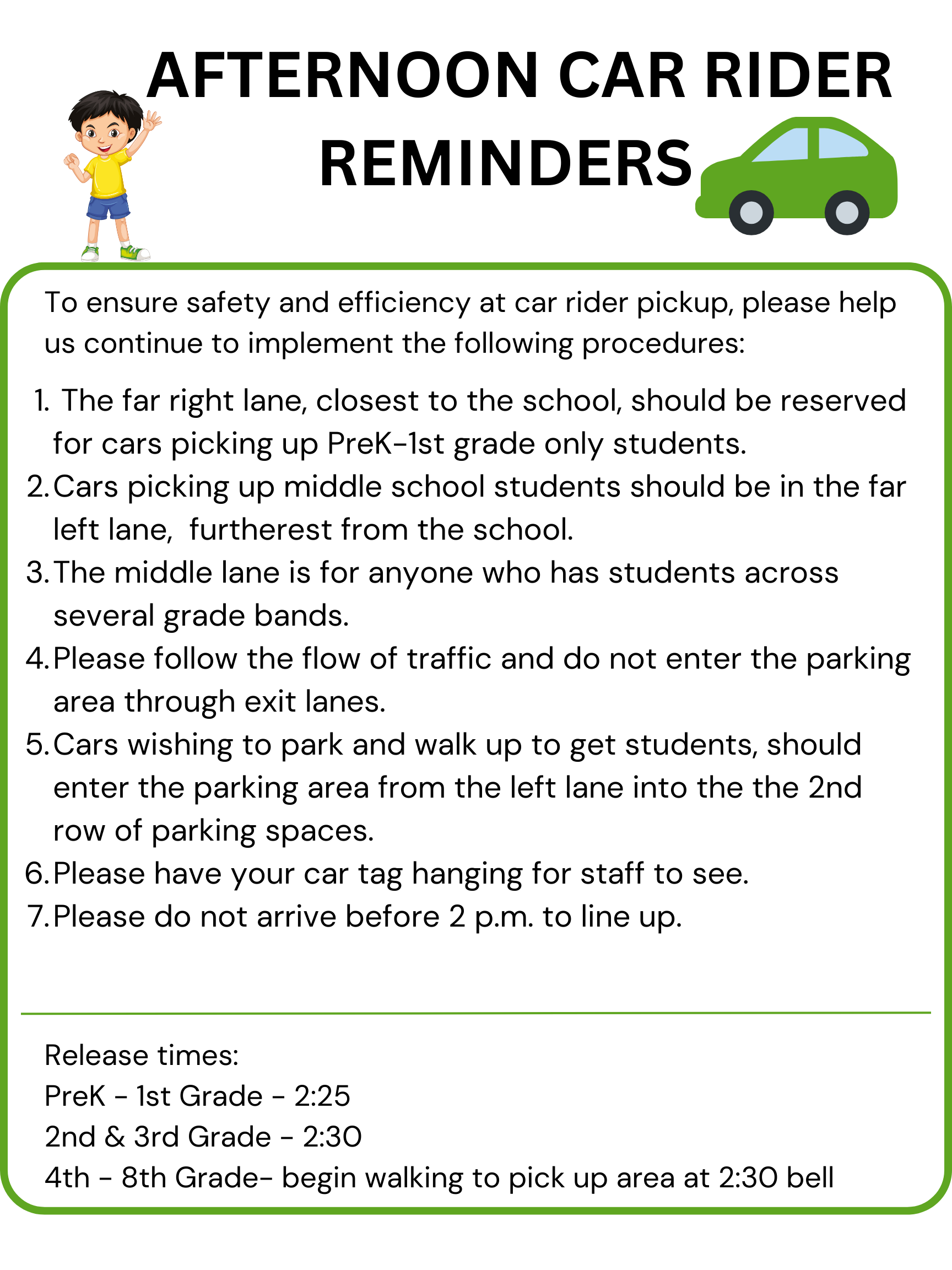 Afternoon Car Rider Reminders