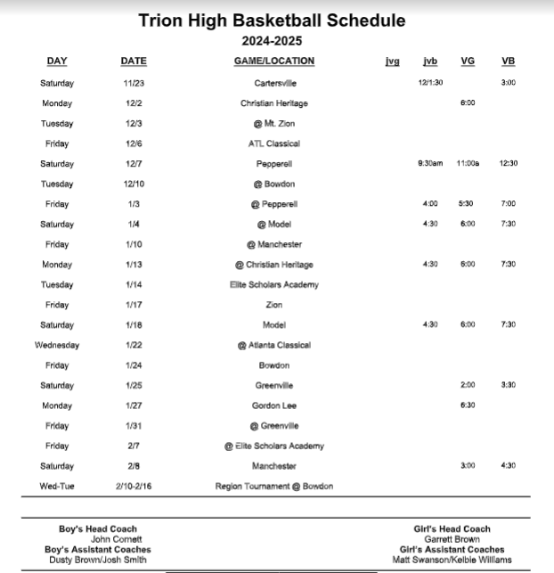 2024-2025 GIRLS BASKETBALL SCHEDULE