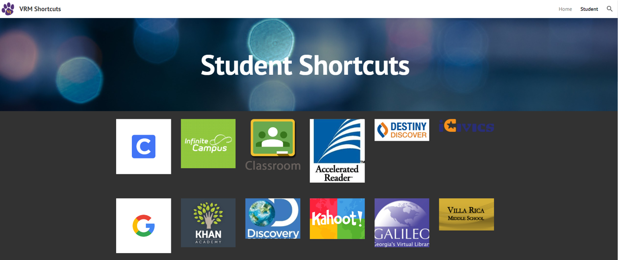 Picture example of students shortcut screen.  Clicking on this will take students to the VRM Shortcuts site which includes Infinite Campus, Google Classroom, and other highly used school websites.