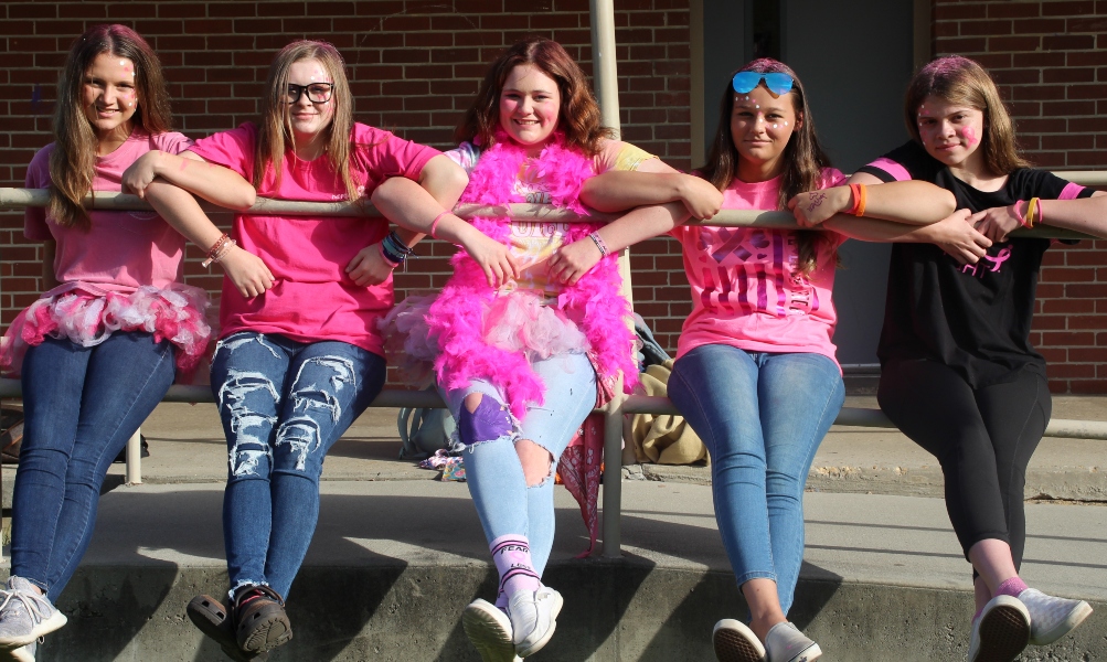 Five Girls sitting outside wearing pink 