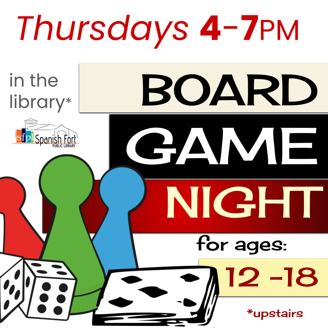 Patrons aged 12 -18 are invited to Bard Game Night on Thursdays! Select from our LARGE variety of baord and card games and hang out upstairs in the library. Bring your friends; no purchase necessary!