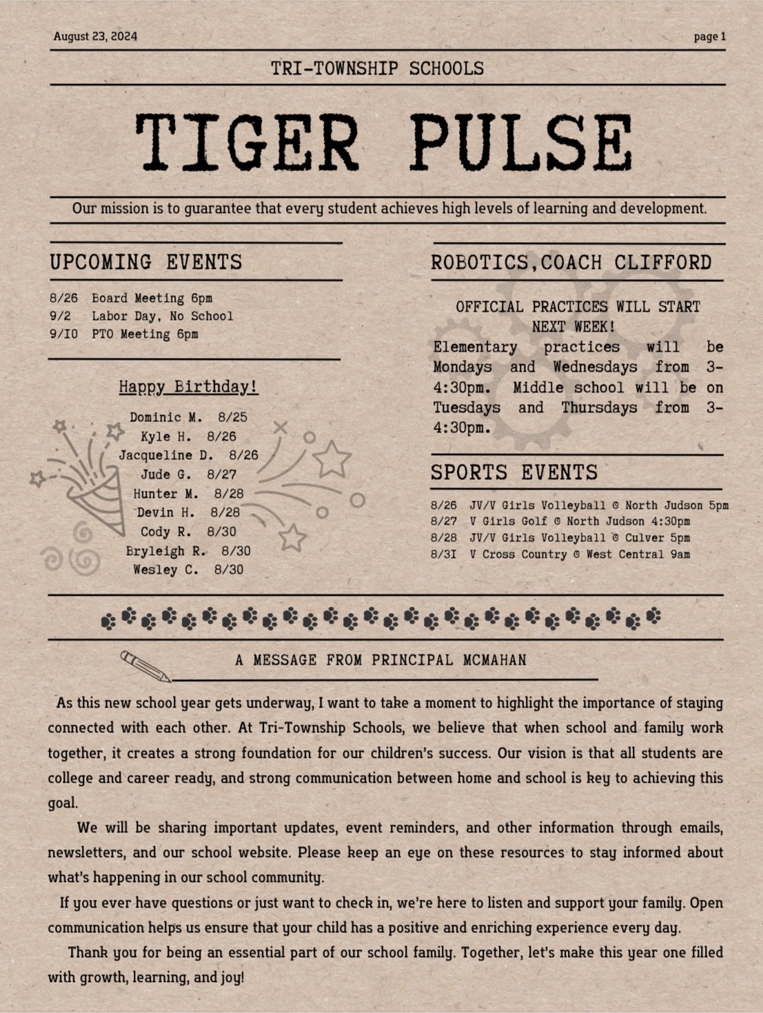 Tiger Pulse Front Page 8/23/24