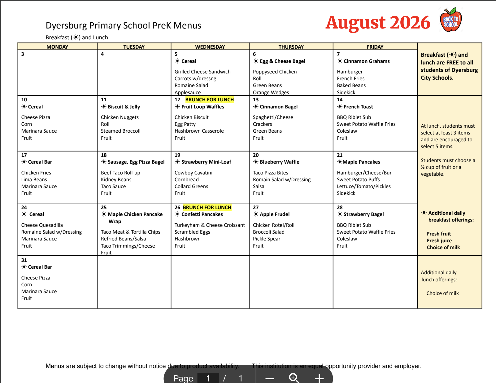 DPS Pre-K Menu