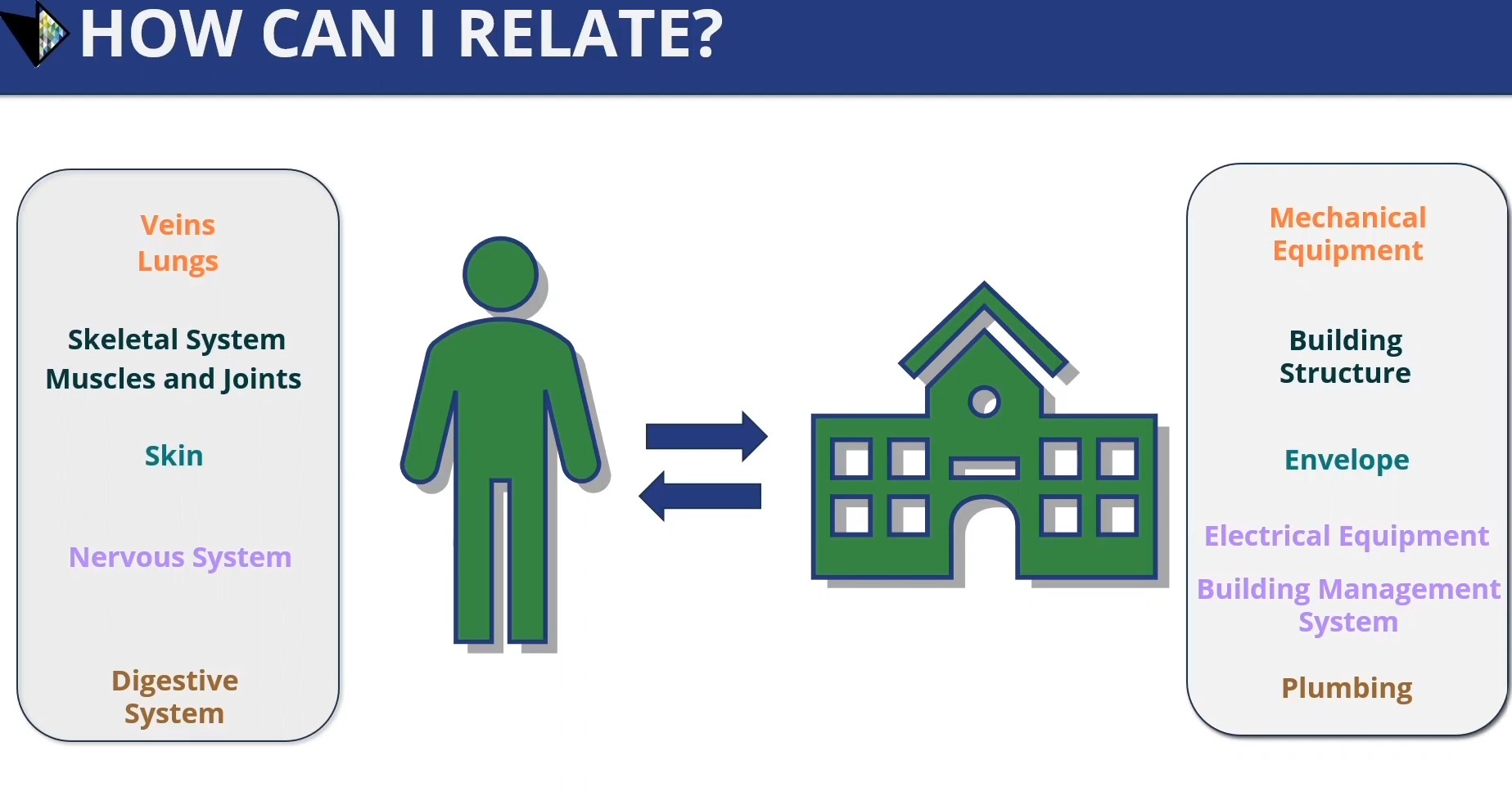 A slide that shows how the human body relates to building assessments
