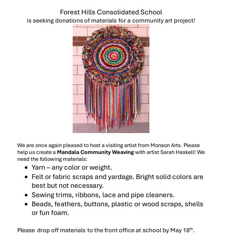 Community Art Project w/ visiting Monson Art Artist Sarah Haskell - materials needed!