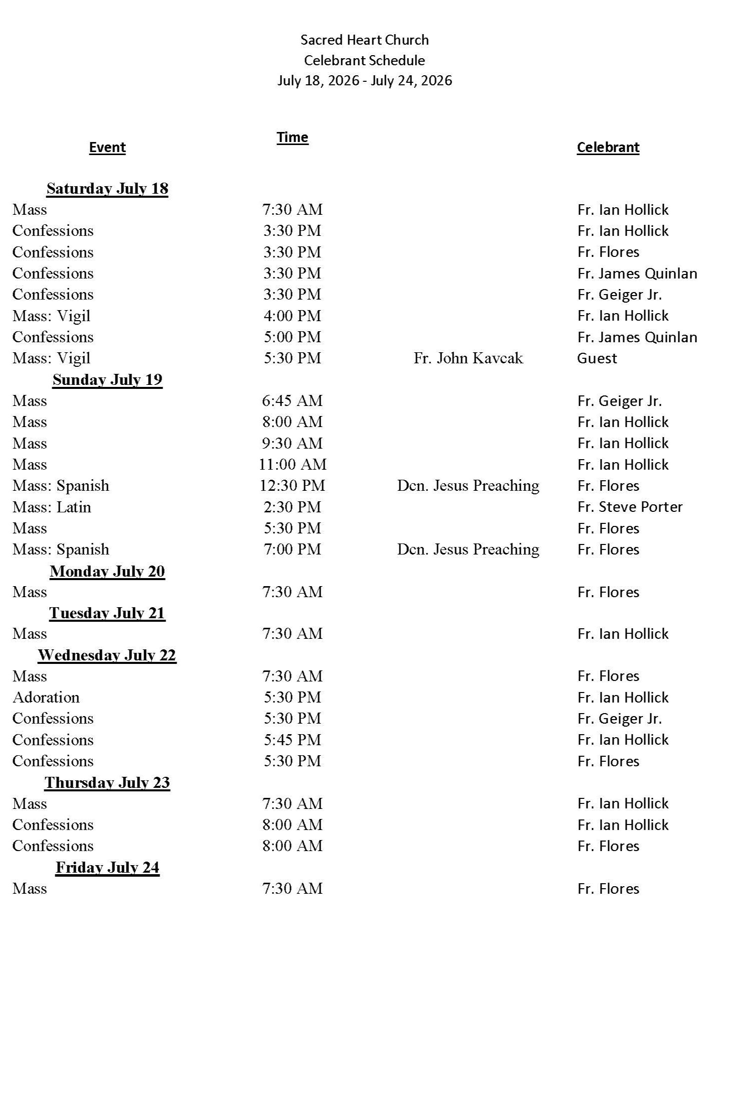 celebrant schedule