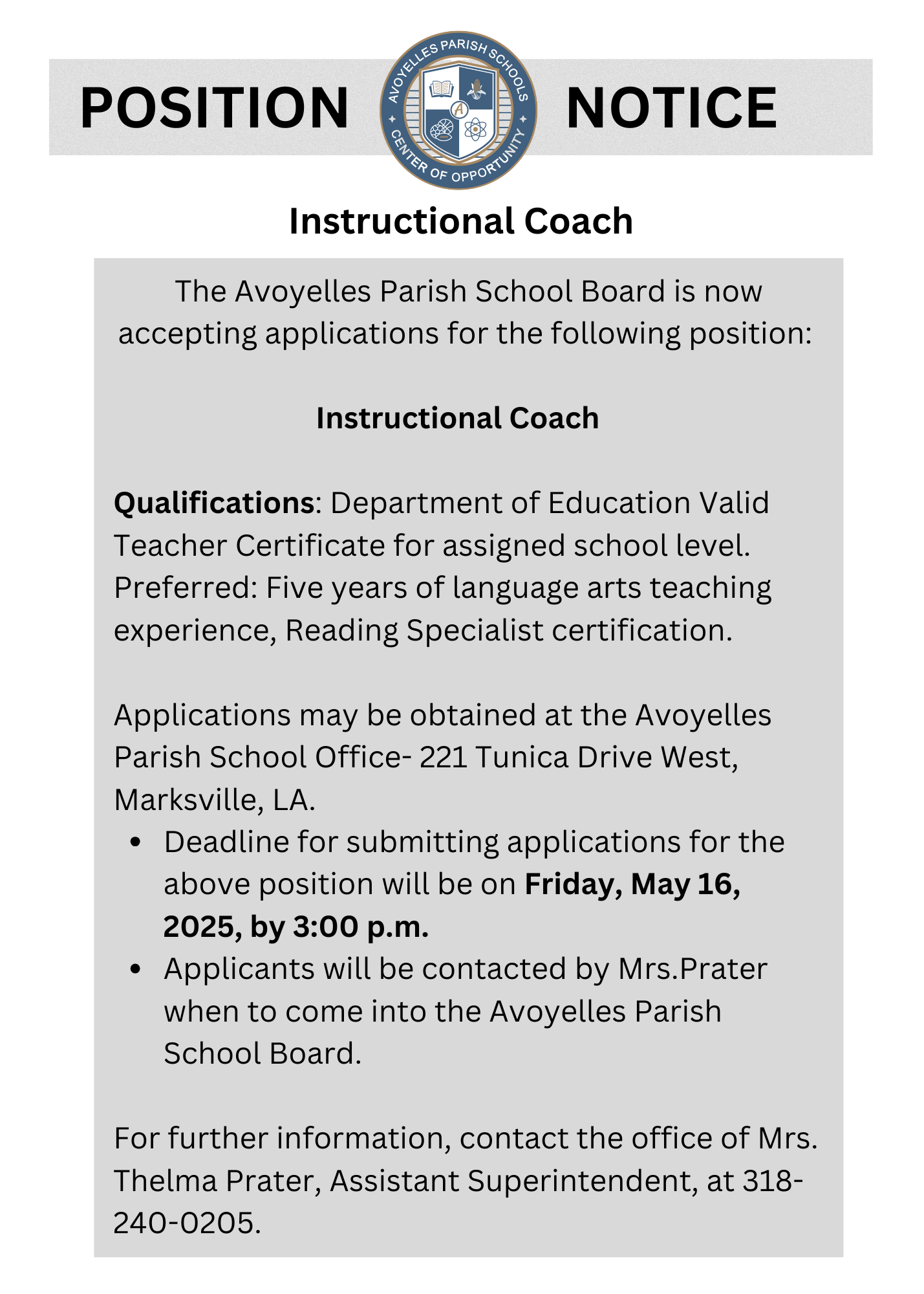 Instructional Coach Vacancy
