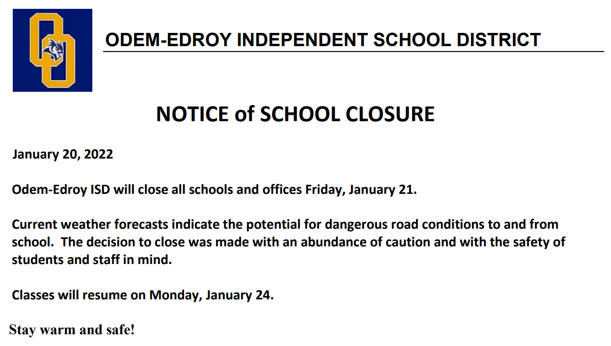 Notice of School Closure on Friday 21st