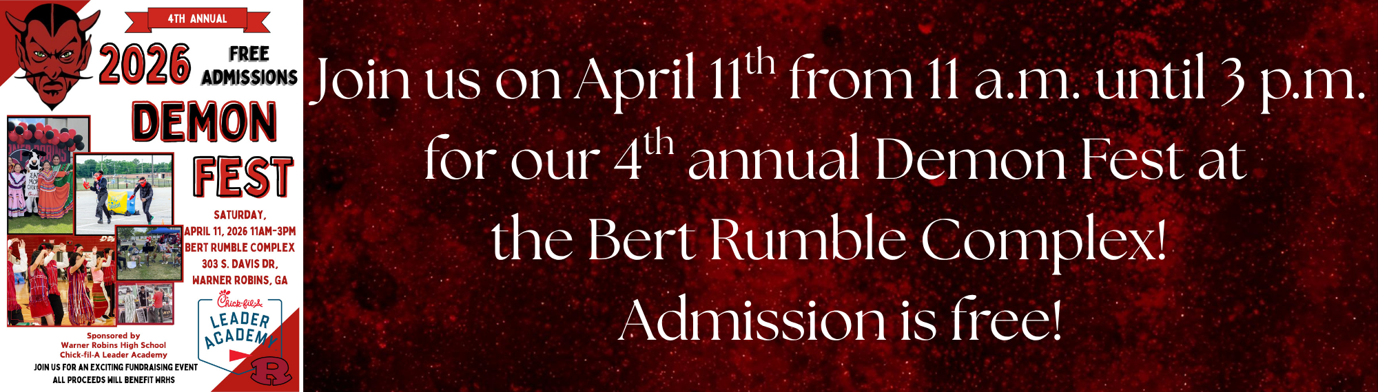 Join us on April 11th from 11 a.m. until 3 p.m. for our 4th annual Demon Fest at  the Bert Rumble Complex!   Admission is free!
