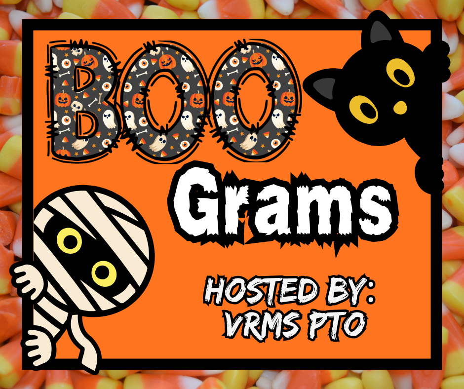 Book Grams hosted by VRMS PTO. Clipart of candycorn, cat, and mummy.