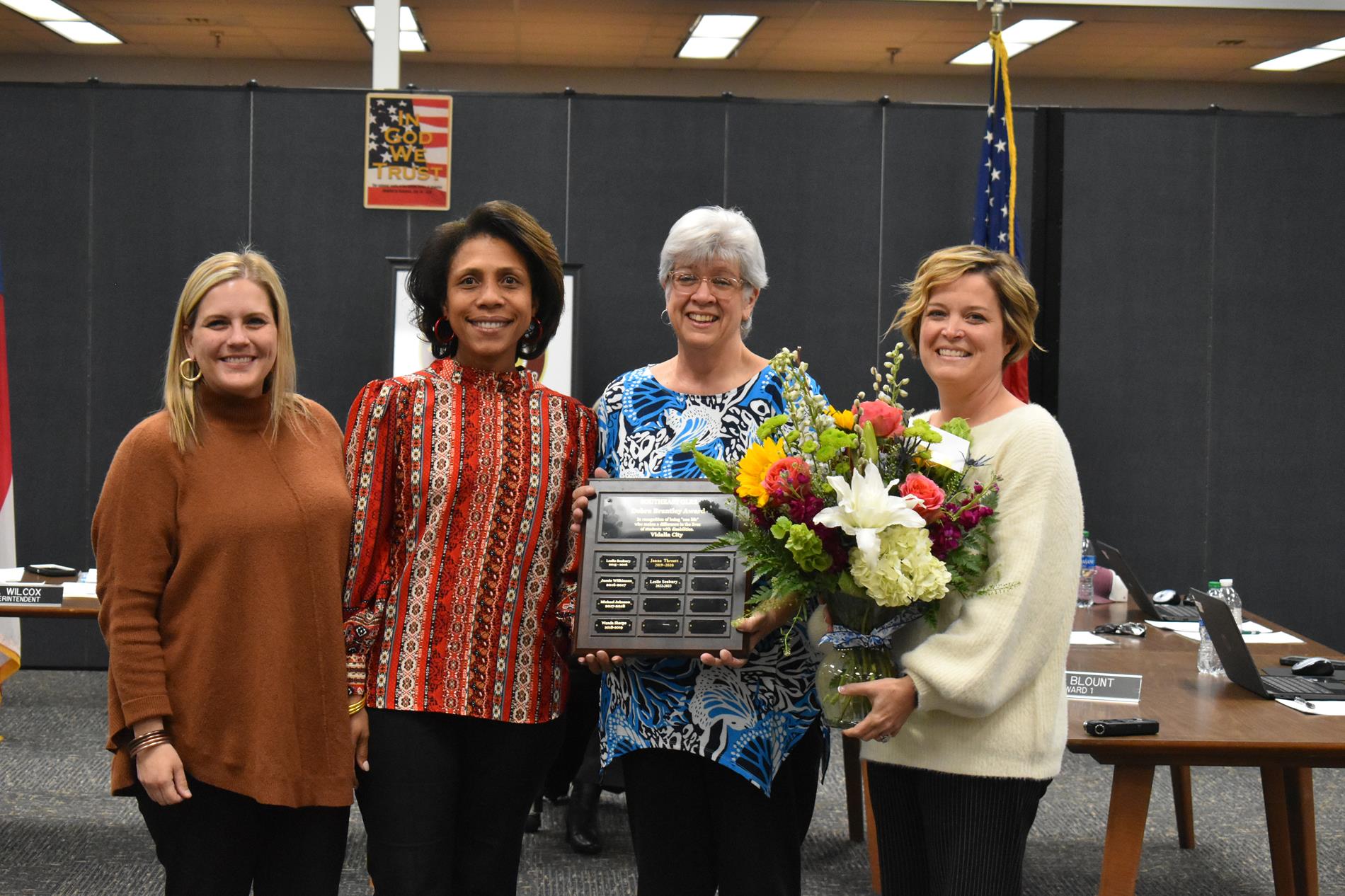 L-R, Sarah Craft (Special Education Instructional Coach), Katrina Blount-Woodard (Director of Student Services),  Leslie Seabury (Vidalia City School's Special Education Teacher of the Year), & J.R. Trippe Principal, Dr. Sandy Reid