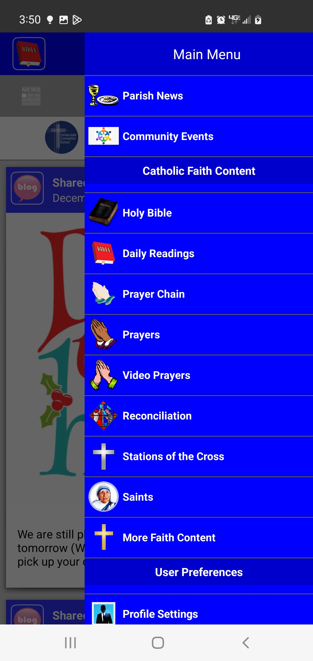 screenshot showing Catholic content menu items