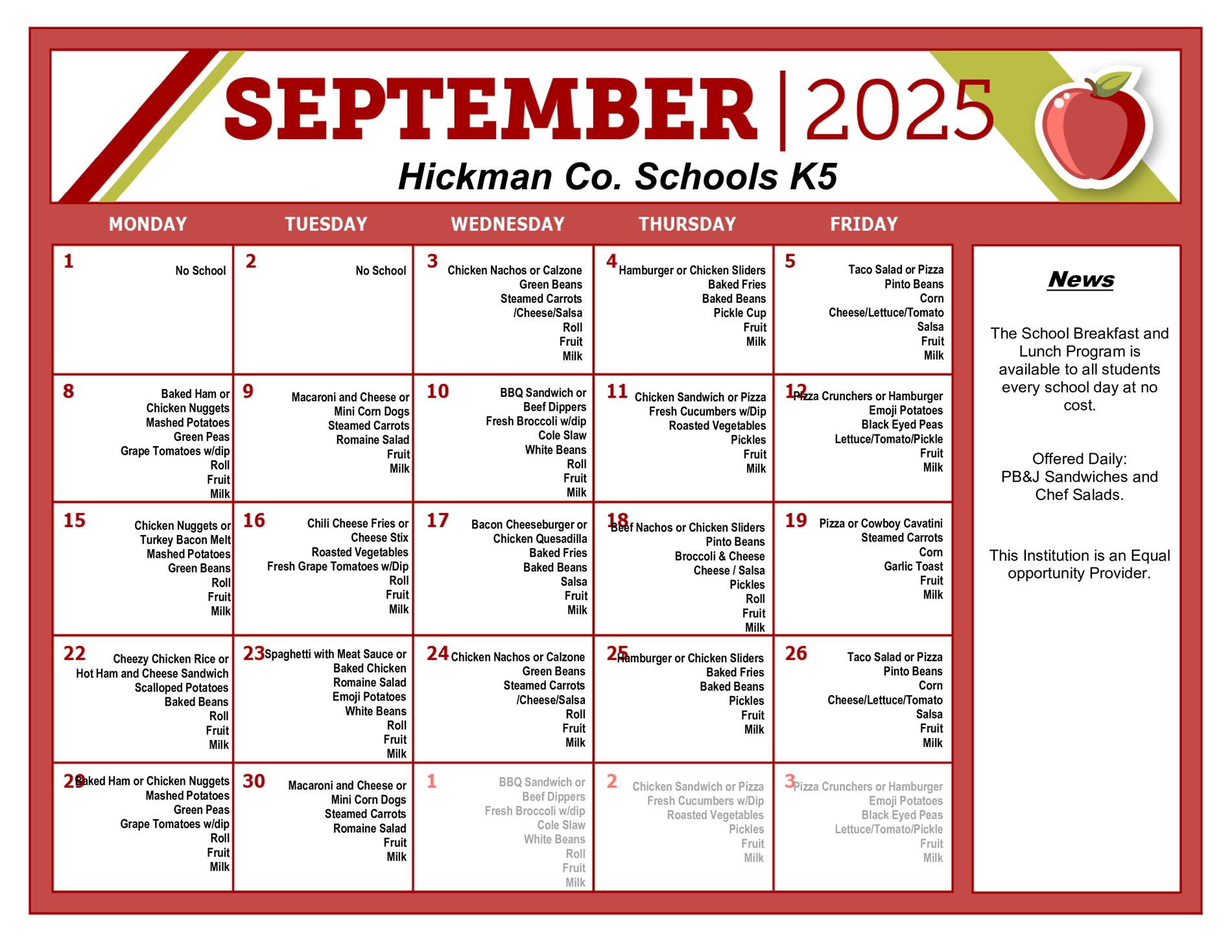 September lunch menu for the K-5