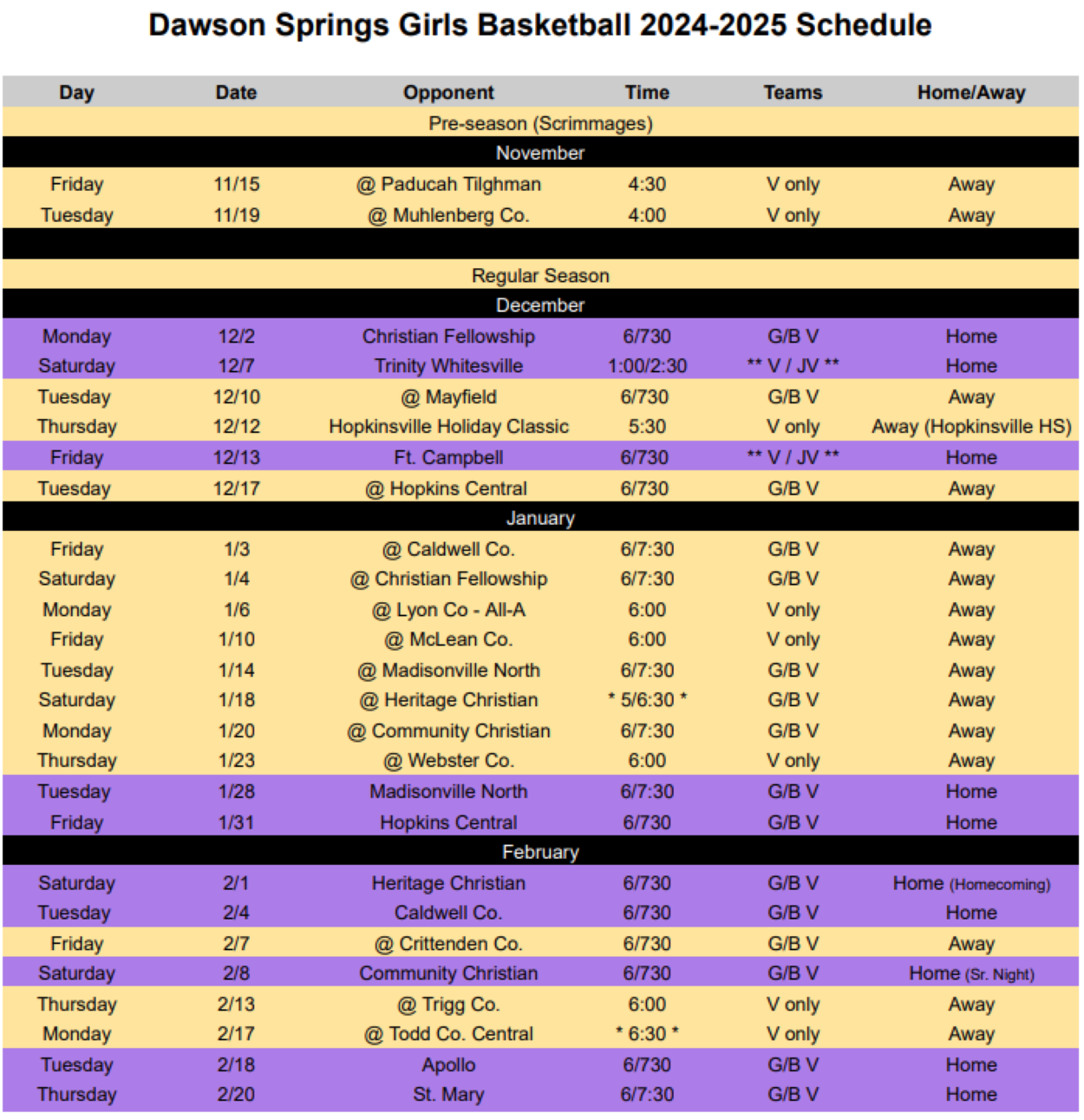 2024-2025 HS Girl's Basketball Schedule