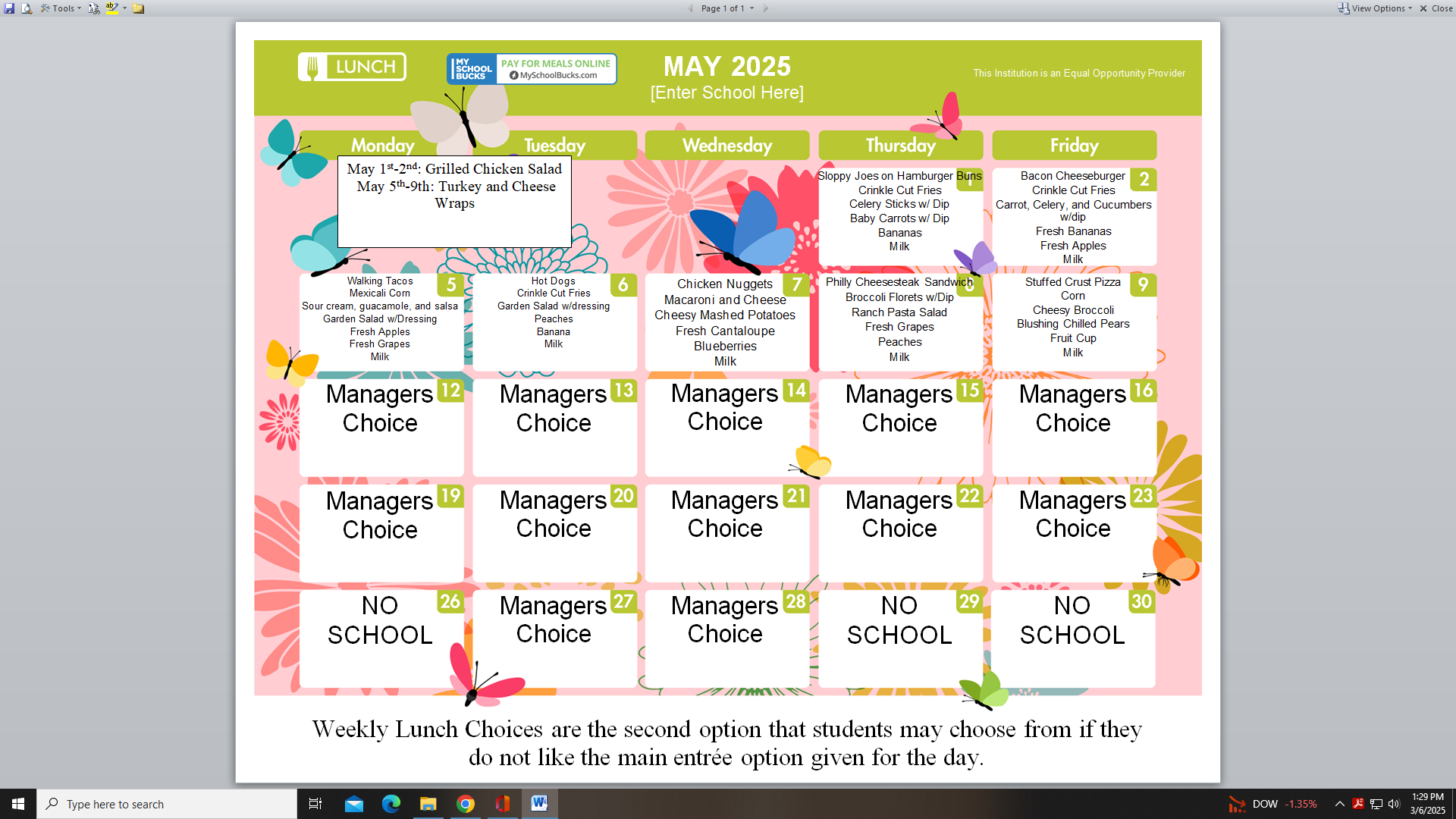 May Lunch Menu 2025