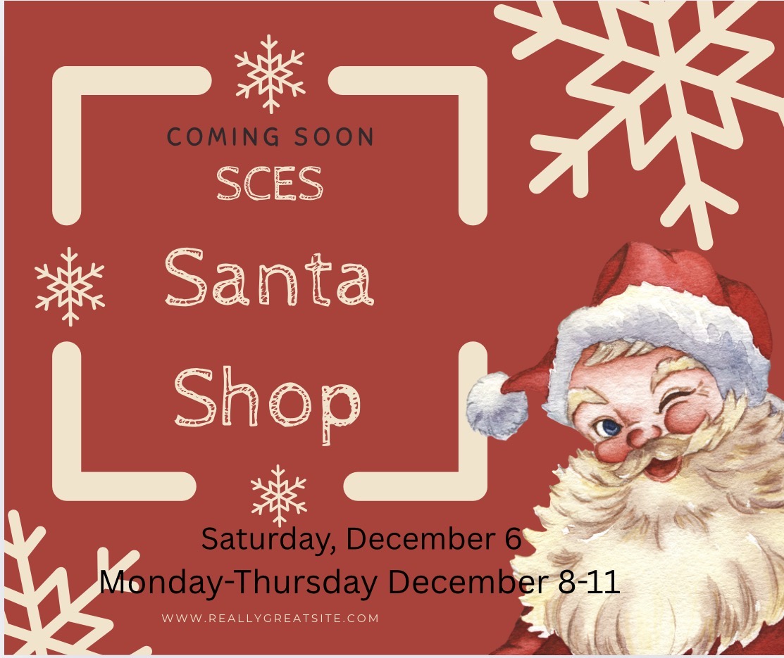 Vintage Santa on Red background with snowflakes reading SCES SANTA SHOP