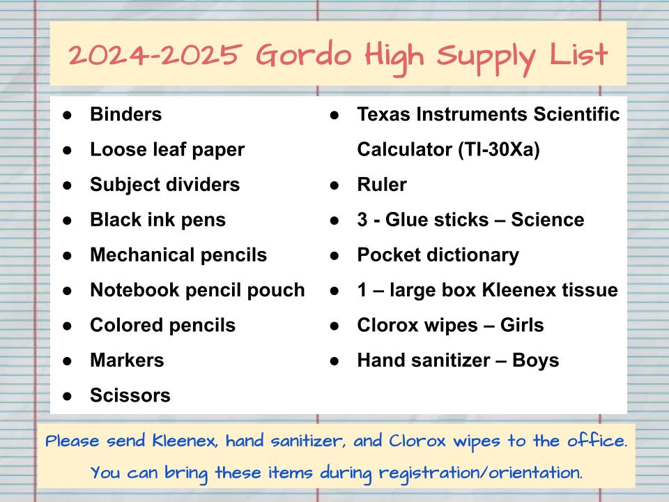 2024 - 2025 GHS Supply List for Students