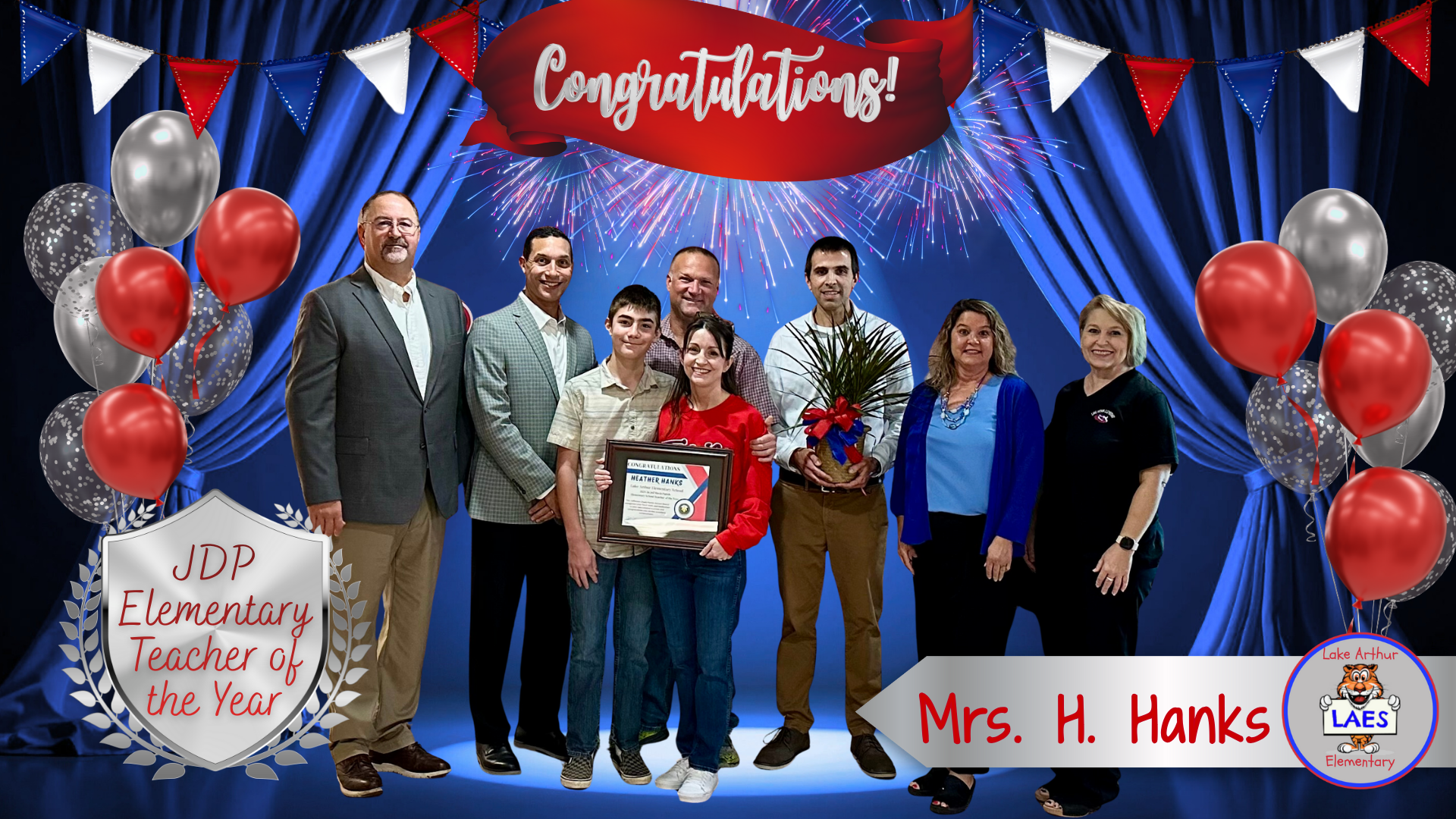 Congratulations to Mrs. H. Hanks of Lake Arthur Elementary for being named "JDP Elementary Teacher of the Year"!
