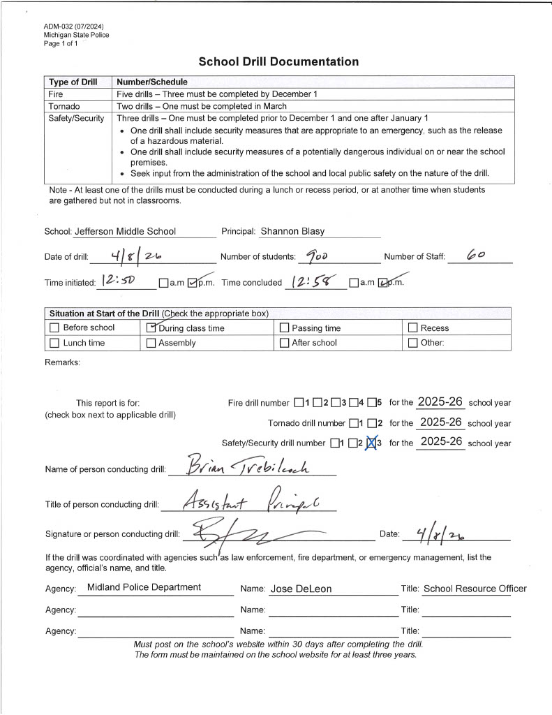 Form for Jefferson Middle School's third safety drill of 2025-2026