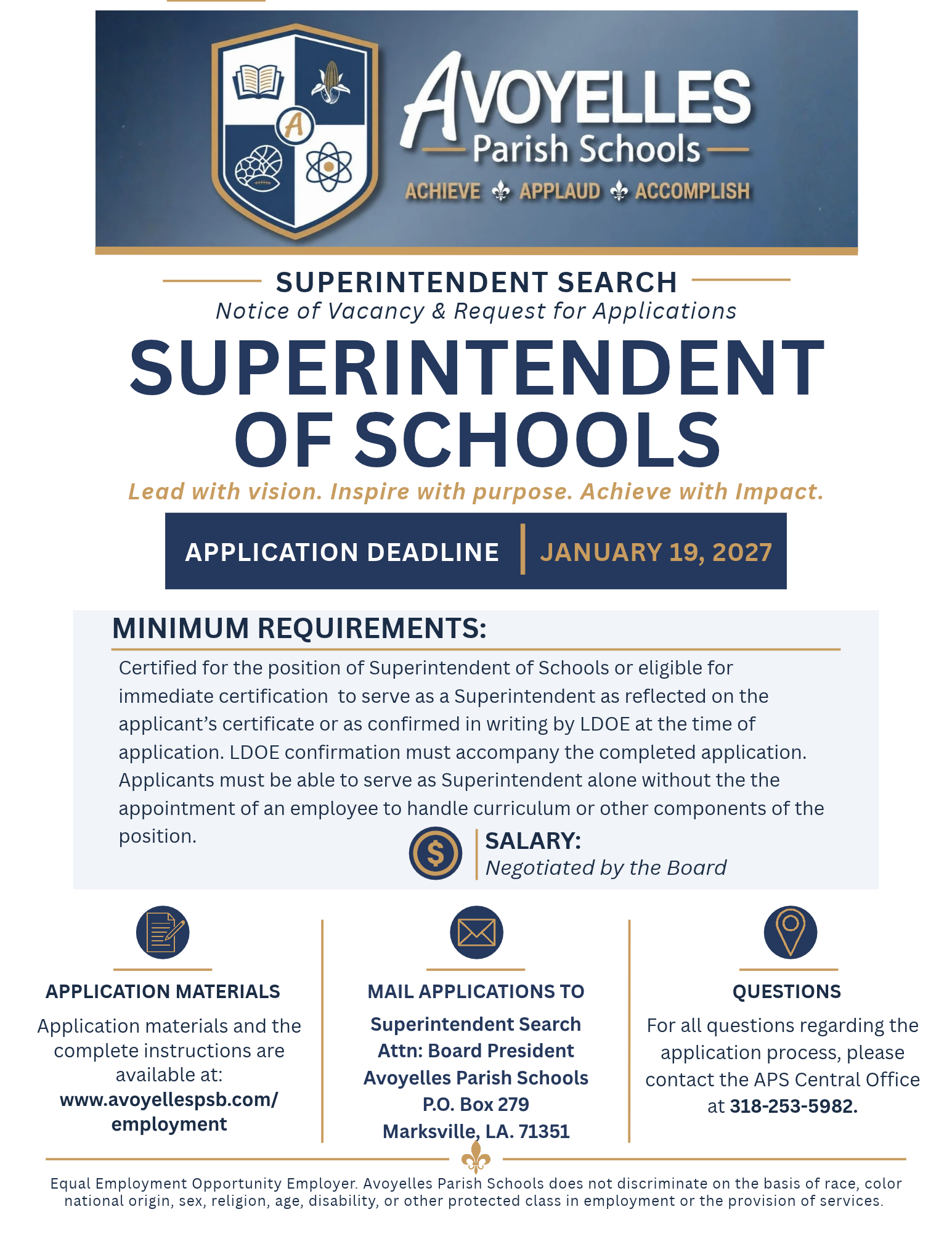 Avoyelles Parish Schools Superintendent Search announcement. Applications are being accepted for Superintendent of Schools through January 19, 2027.