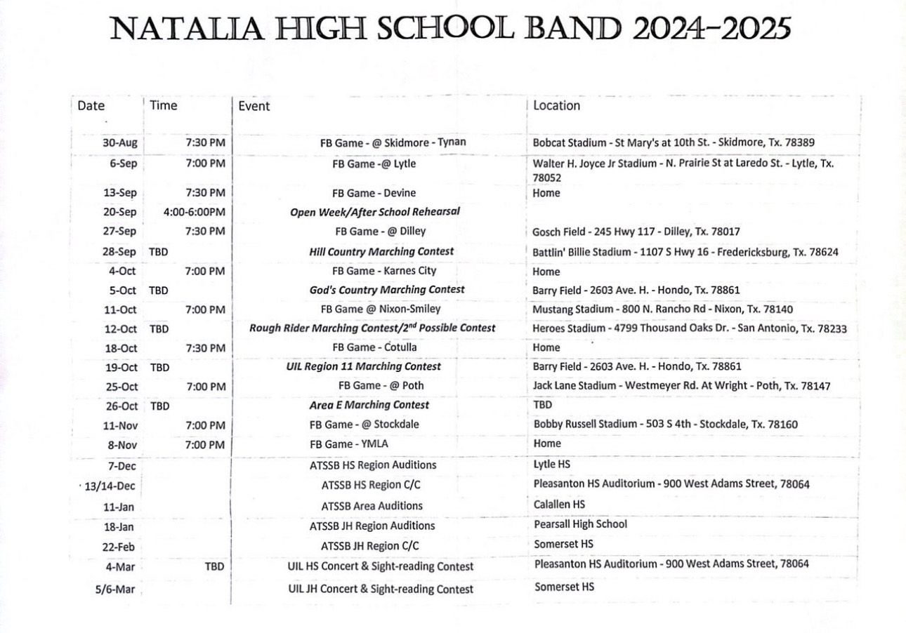 Fall Band Schedule