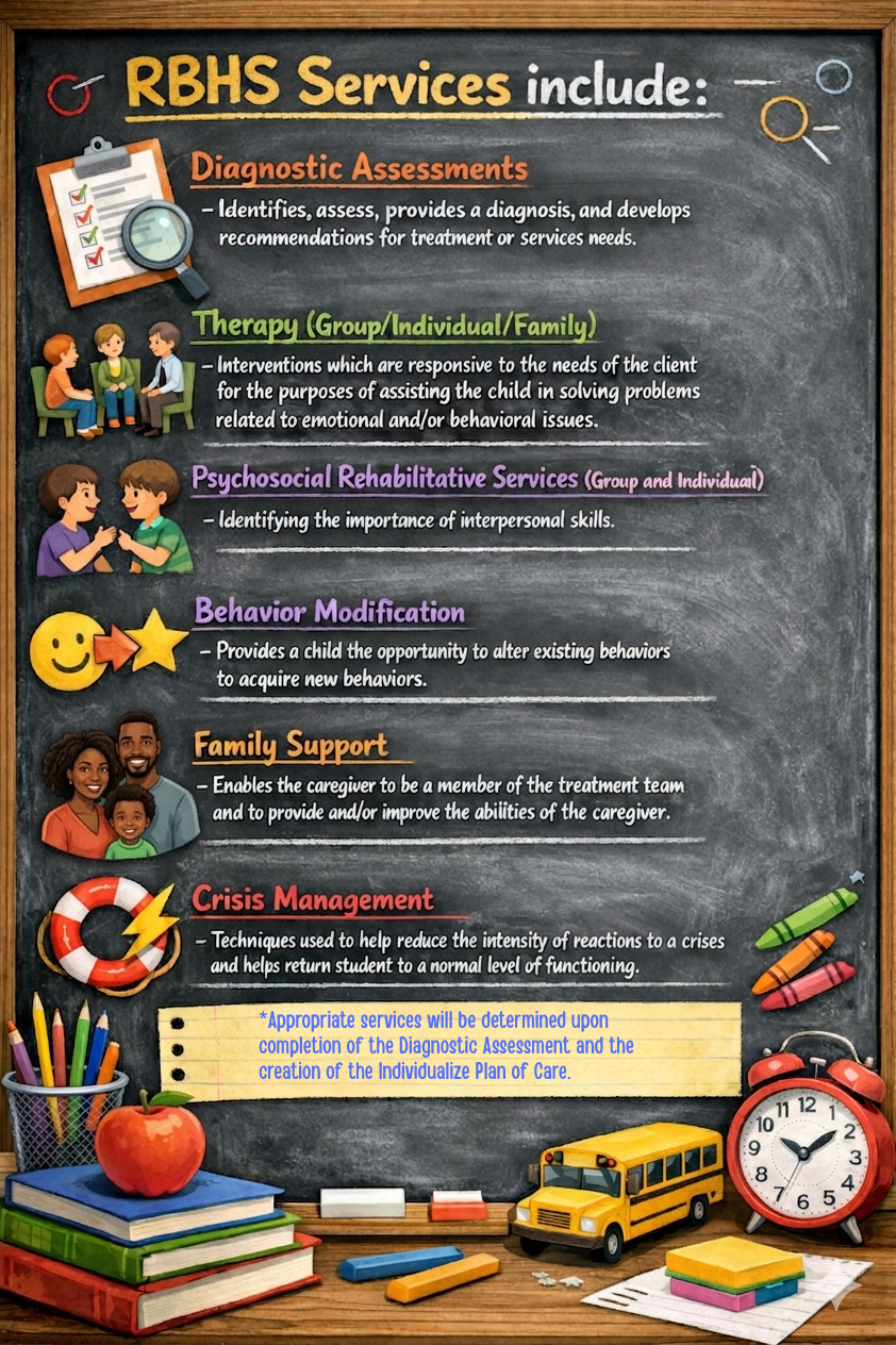  School-themed infographic on a chalkboard background titled **“RBHS Services include:”** with colorful classroom items such as books, crayons, a school bus, an apple, and a clock around the border. The poster lists several student support services with brief descriptions: **Diagnostic Assessments**, **Therapy (Group/Individual/Family)** with interventions responsive to the needs of the client to assist the child in solving emotional or behavioral problems, **Psychosocial Rehabilitative Services (Group and Individual)** focusing on interpersonal skills, **Behavior Modification** to help children change existing behaviors and learn new ones, **Family Support** to help caregivers participate in the treatment team, and **Crisis Management** techniques to reduce reactions during a crisis and return the student to normal functioning. A note at the bottom states that appropriate services will be determined after completion of the diagnostic assessment and creation of the individualized plan of care.