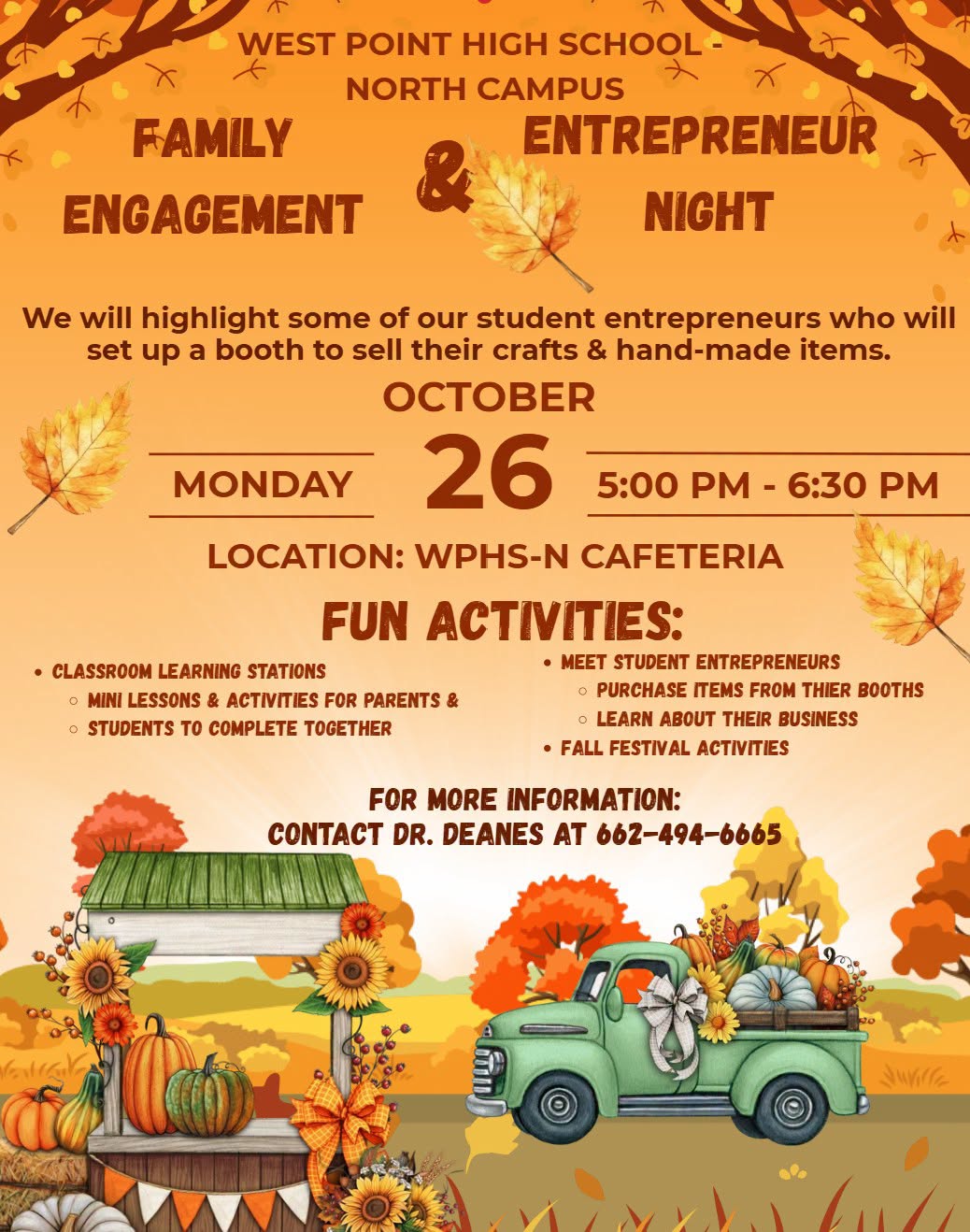 Fall-themed flyer for WPHS–North Campus Family Engagement & Entrepreneur Night on October 26 from 5:00 to 6:30 p.m. in the school cafeteria, featuring student entrepreneur booths, classroom learning stations, and fall festival activities.