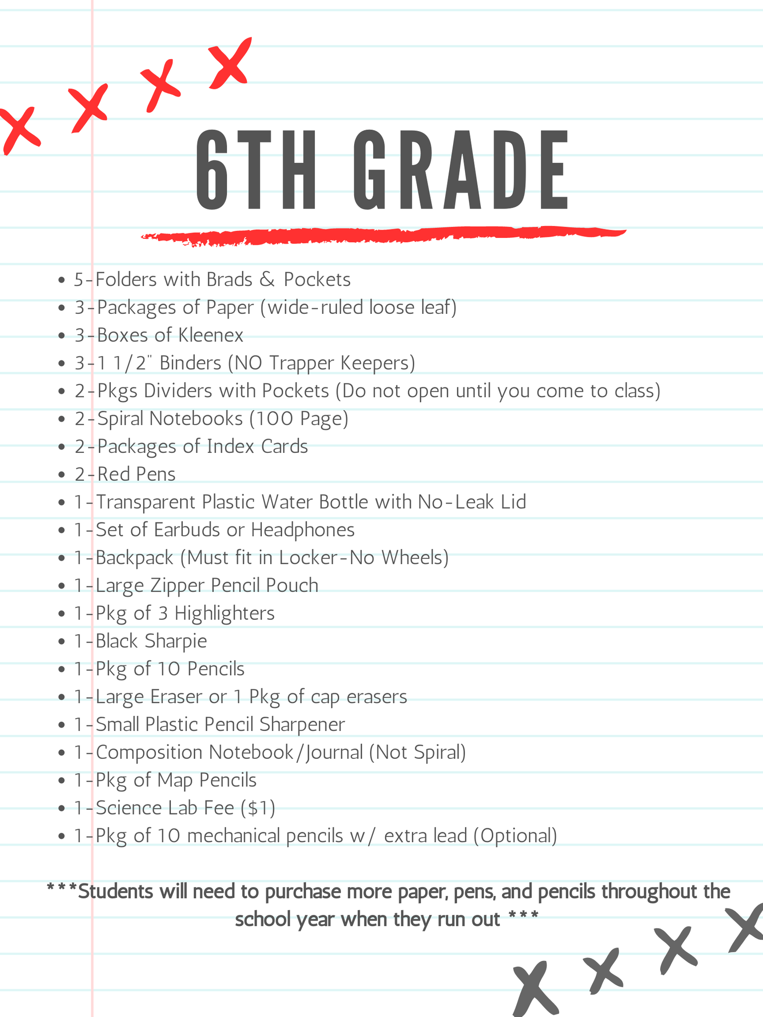 6th Grade Supply List